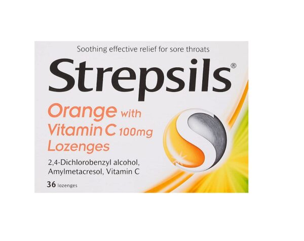 Strepsils Orange with Vitamin C 100mg – 36 Lozenges  -  Coughs, Colds & Flu