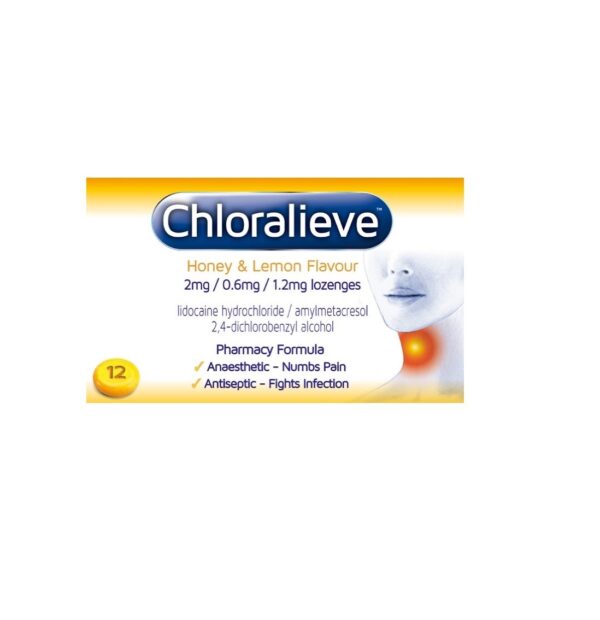 Chloralieve Sore Throat Honey & Lemon Flavour – 24 Lozenges  -  Coughs, Colds & Flu