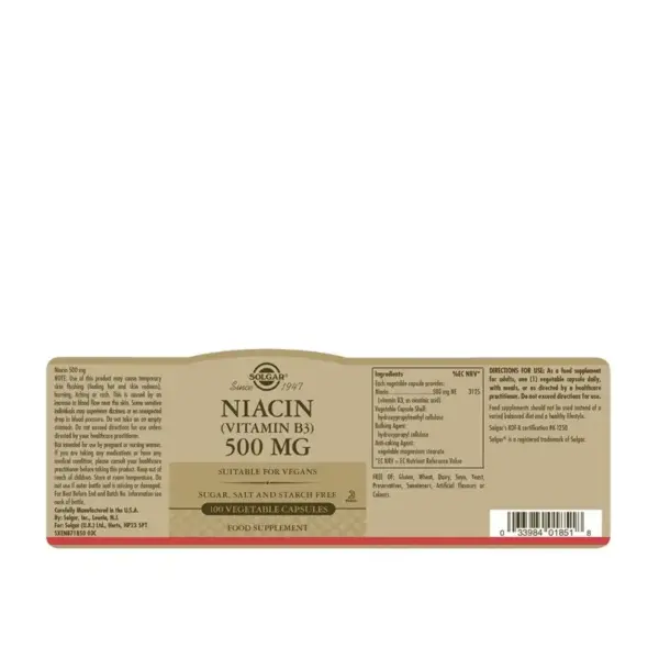 Solgar Niacin 100 mg – 100 Tablets  -  Food Supplements