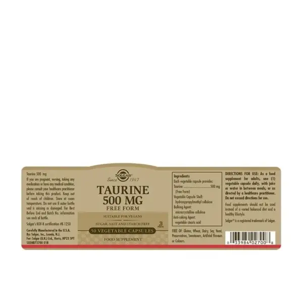 Solgar Taurine 500 mg – 50 Capsules  -  Food Supplements